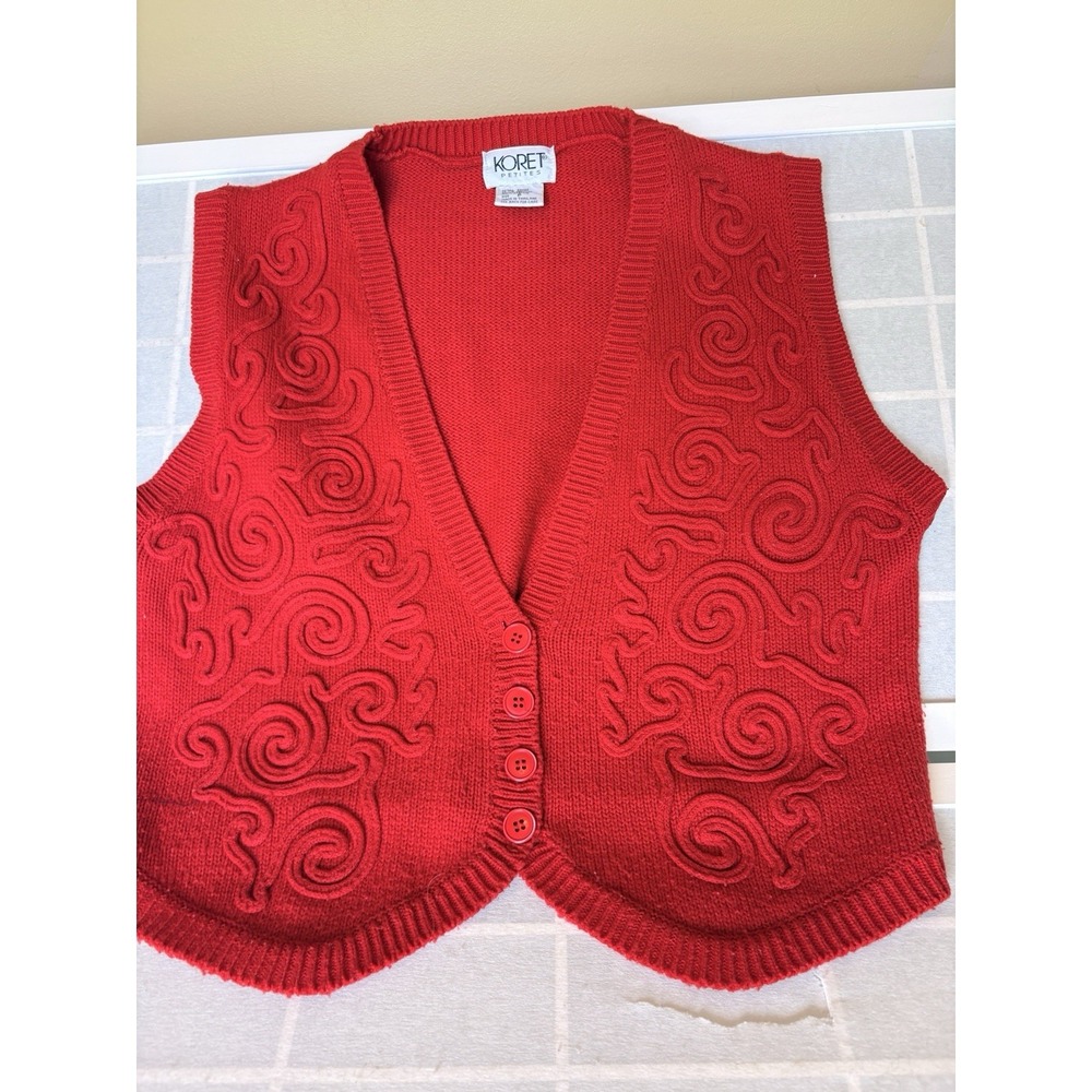 Vintage Koret Sweater Vest Red 3d Knit Swirl Petite Small Teachercore Whimsygoth